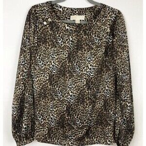 𝅺MICHAEL Kors Women’s 6 Leopard Print Blouse Long Sleeve Black Brown